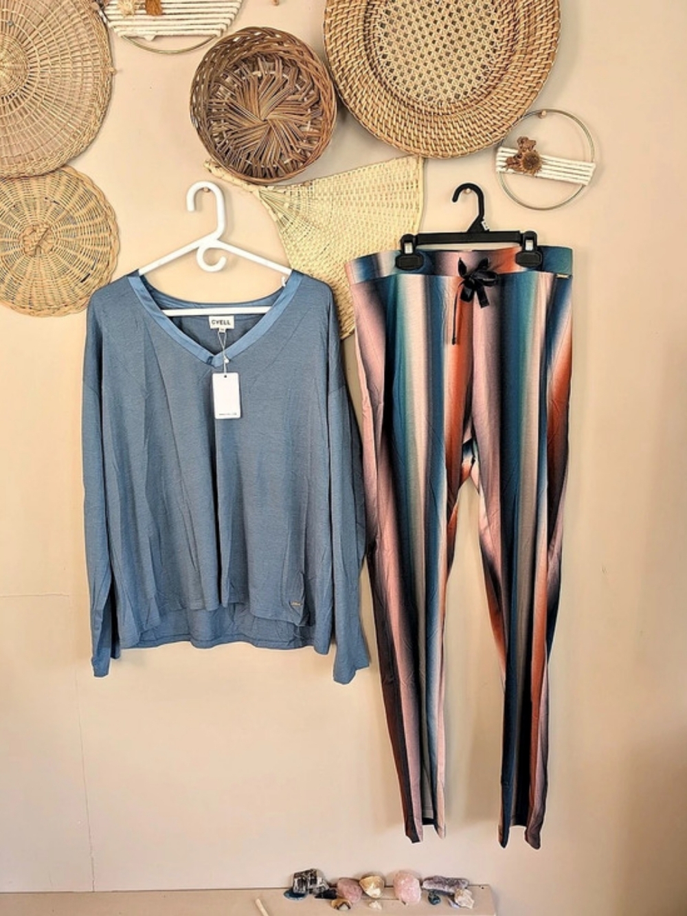 NWT Cyell Luxury Pajama Set Dusty Blue V-Neck Top Ombre Striped Pants Sz 44